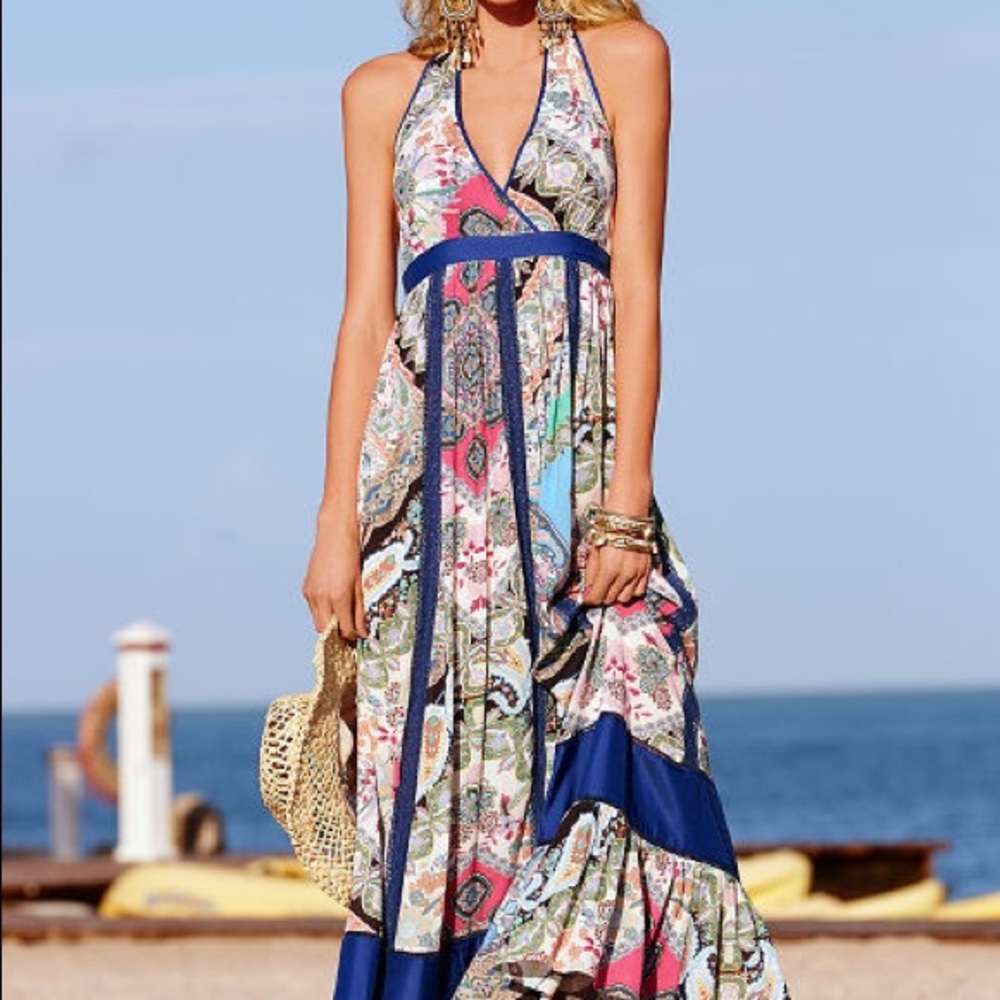 Boston Proper Colorful Printed Halter Maxi Dress